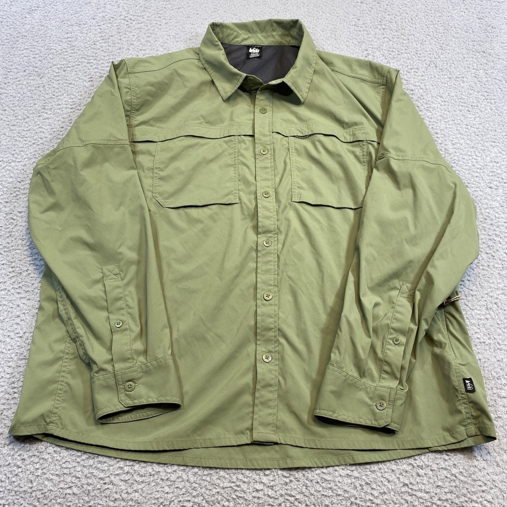 REI Co-op Shirt Mens 2XL Green Nylon Stretch Hiking Fishing Vented Long Sleeve